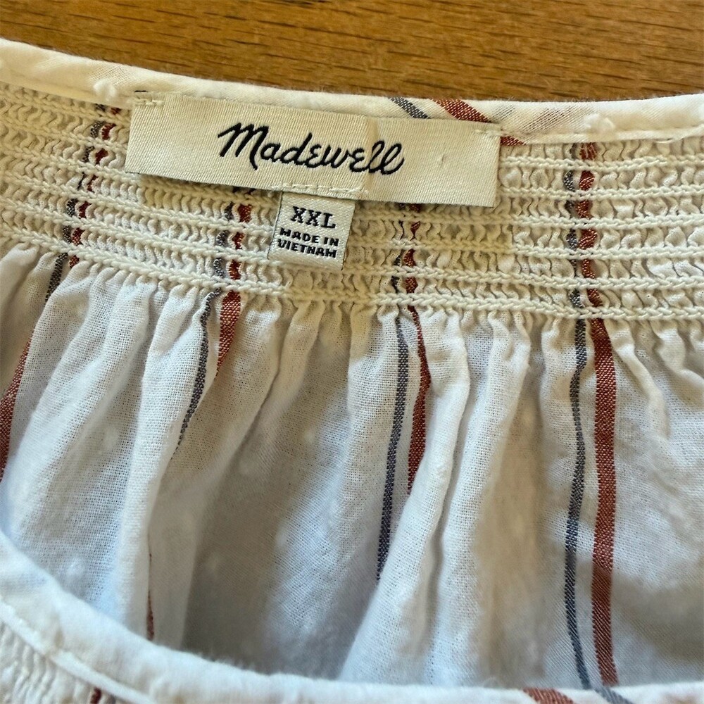 Madewell Blouse Womens 2XL Ivory Striped Swiss Dot Smocked Boho Henley - Picture 6 of 8